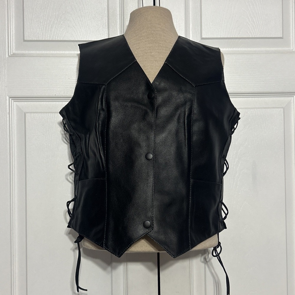 Allstate Genuine Leather Women's L‎ Motorcycle Vest Black Biker Lace Sides Goth